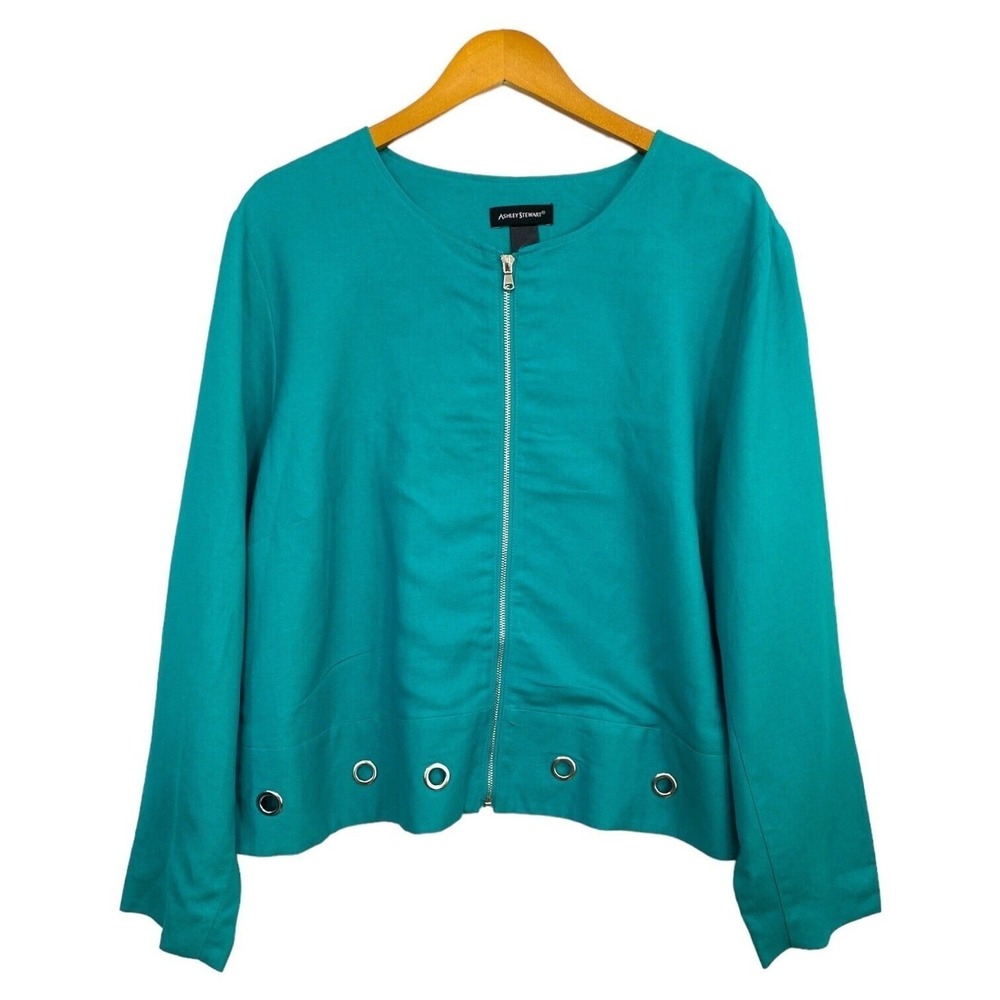 Ashley Stewart Jacket Womens 22 Green Linen Rayon Zip Grommet New Plus Size